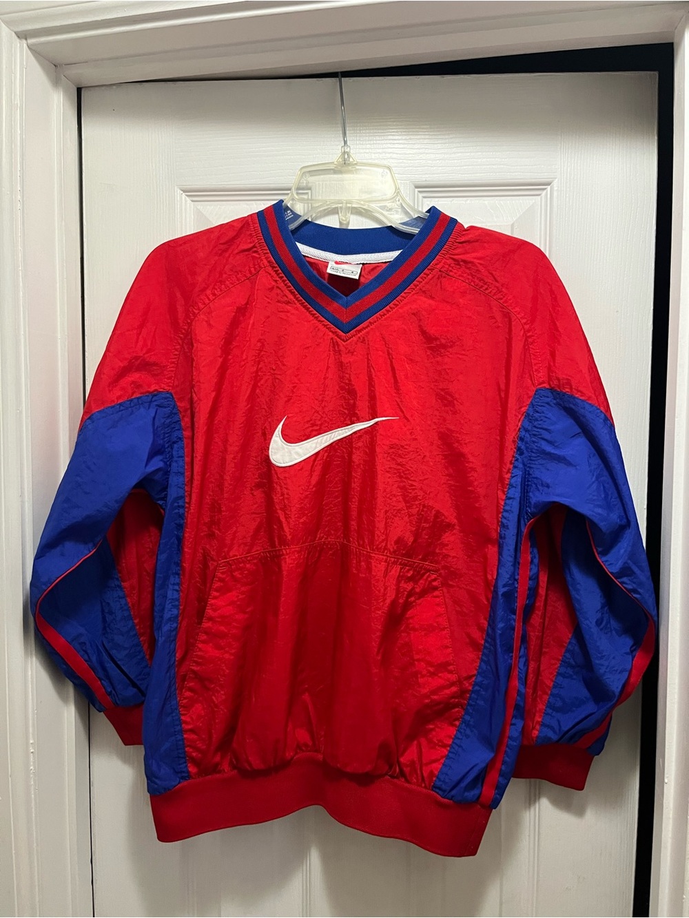 Vintage 90s Nike Windbreaker Youth L 14 Red Blue Center Swoosh V Neck Pullover